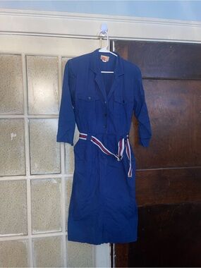 Vintage Katie Petite Blue Shirt Dress w/ Striped Belt - Size 12